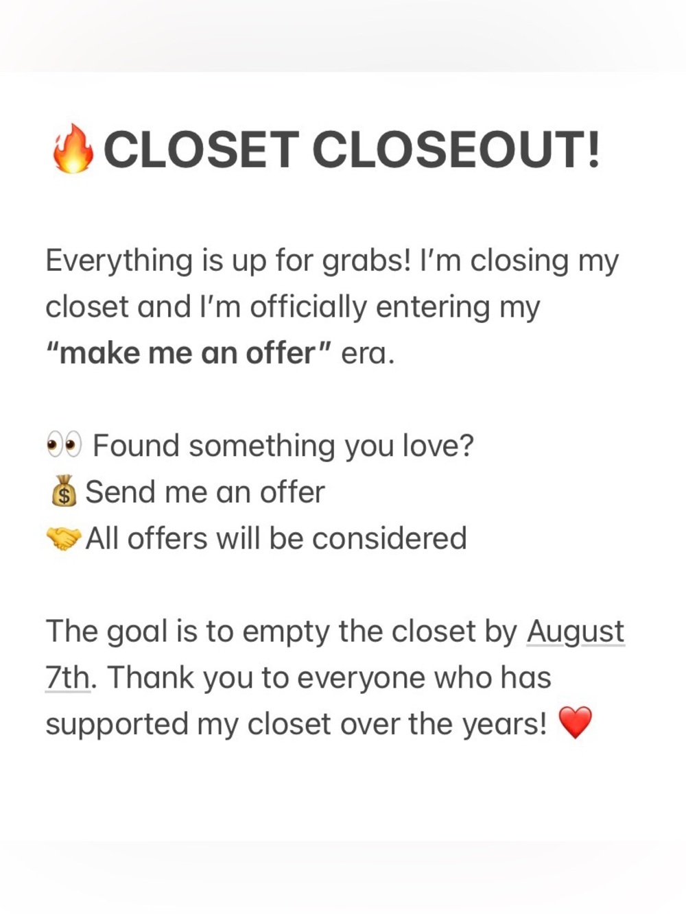 Closet Closeout Announcement!